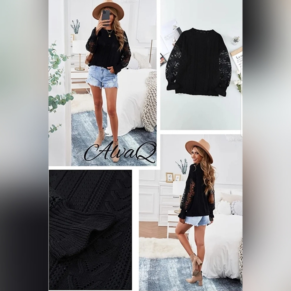 🌨Women Lace Crochet Long Sleeve Crewneck Sweaters - Picture 4 of 5